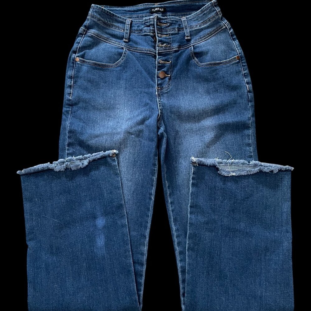 Flamingals Denim Button-Up Jeans Size Medium Blue Jean Top Trendy 32 inseam